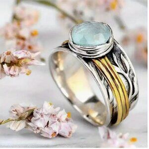 Aquamarine Two-Tone Wide Statement Ring - Vintage-Inspired Style - Size 8